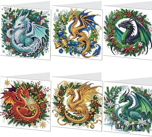 jinglinhh 6pcs Christmas Dragon Wreath Diamond Art Painting Greeting Cards with Envelopes, DIY Card Making Kits for Adults, Diamond Art Postcards Christmas Cards Craft Gifts by Unknown