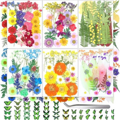 210 Pcs Dried Pressed Flowers for Resin, Dried Pressed Flowers for Crafts, Bulk Natural Dried Flowers Kit with DlY Butterfly Stickers&Tweezers for Resin Molds, Candles, Soap,Jewelry Making, Art Crafts by VCTSELITY