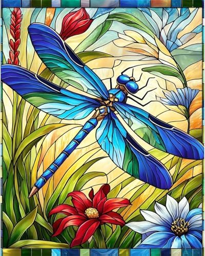 Paint by Numbers Kit for Adults, Dragonfly Stained Glass, 16 x 20 Inch by GEEHEIY