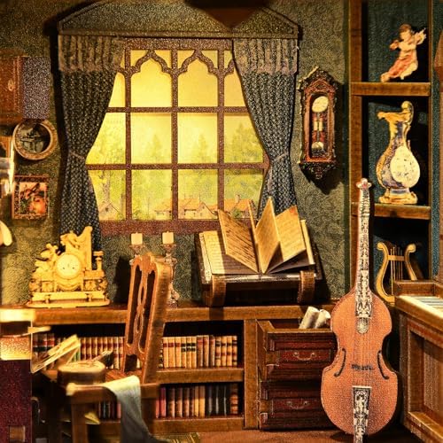 fifijoy Timeless Melody Book Nook - DIY Miniature Dollhouse Music Kit for Adults, 3D Wooden Puzzle Bookends Bookshelf Insert Decor with LED Light, Gifts for Family, Friends - Image 4