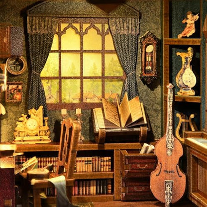 fifijoy Timeless Melody Book Nook - DIY Miniature Dollhouse Music Kit for Adults, 3D Wooden Puzzle Bookends Bookshelf Insert Decor with LED Light, Gifts for Family, Friends - Image 4