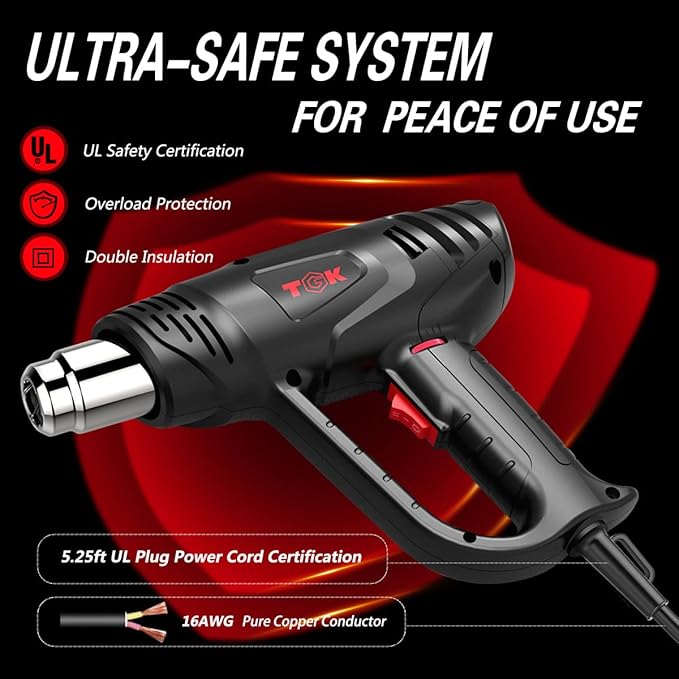 Heat Gun, TGK® 1800W Heavy Duty Hot Air Gun Kit 122℉~1202℉ Dual Temperature Settings with 3 Nozzle Attachments Overload Protection for Crafts, Shrink Wrapping/Tubing, Paint Removing, Epoxy Resin