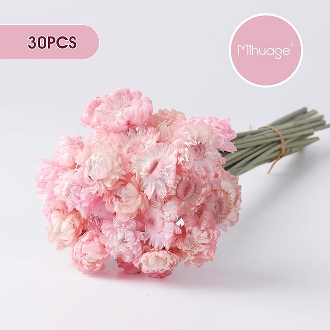 Dried Flower 30PCS Daisy Bouquet Preserved Chrysanthemum Dry Flower for Vase Home décor Party DIY Arrangement Wheat Straw Bulk (Light Pink)