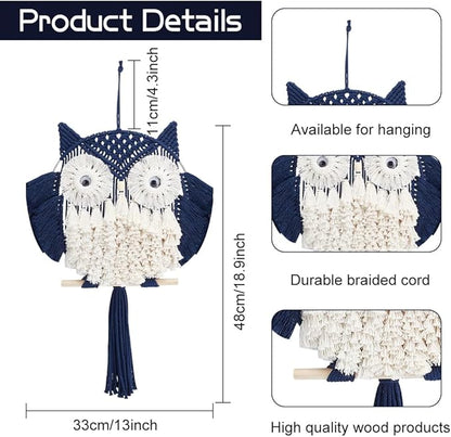 FREEBLOSS DIY Macrame Owl Kit with Video Tutorial Macrame Wall Hanging Ornament Boho Wall Hanging Decor Navy Blue&White Macrame Tapestry Gift Macrame Kit for Beginners