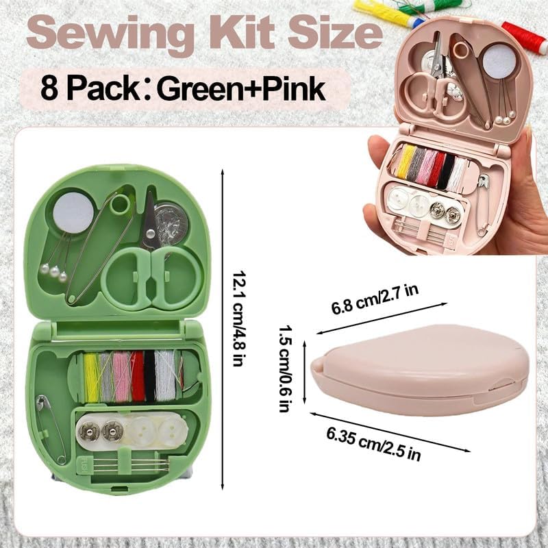 REROON 8 Pack Mini Travel Sewing Kit for Adult & Kid | Portable Sewing Box Kit Bulk | Small Emergency Repair Set with Thread Scissors Needle for Travel, Beginner DIY Handcraft | Pink + Green - Image 3