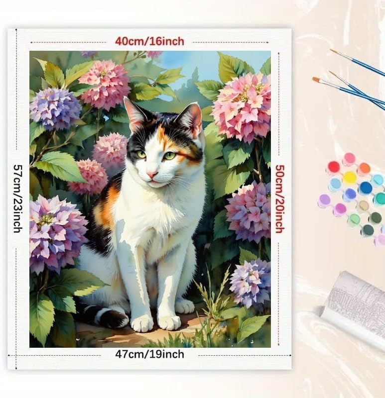 TAOPAOLAB Calico Cat in Garden Paint by Numbers Kit for Adults - DIY Tricolor Cat with Hydrangeas Painting on Canvas 16x20In, Acrylic Paint Set, Suitable for Beginners, Art for Home Decoration/Gifts - Image 2