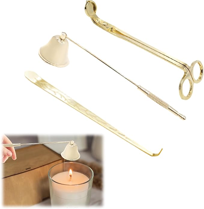 Set of 3, Candle Wick Trimmer, Candle Snuffer and Wick Dipper & Candle Accessory Set, Candle Care Kit for Candle Lover (Gold)