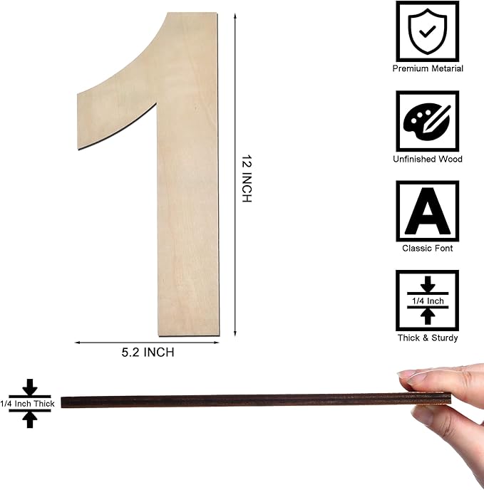 12 Inch Wooden Number 1, 1/4 Inch Thick Large Unfinished Wood Number for Home Wall Decor, DIY Crafts