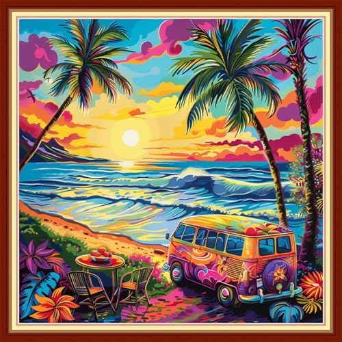 Joyhoor Stamped Cross Stitch Kits for Beginners, Needlepoint Kits for Adults, 11CT Counted Embroidery Kits-Drinking Tea by Seaside 18x18 inchs by JoyhoorCrossStitchKits