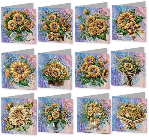Diamond Painting Greeting Cards 12 Pack Sunflower DIY Kit with Special Shaped Rhinestones, Envelopes & Thick Cardstock, Handmade Craft for Adults, Spring & Summer Gift, Creative DIY Art Card Set by Unknown