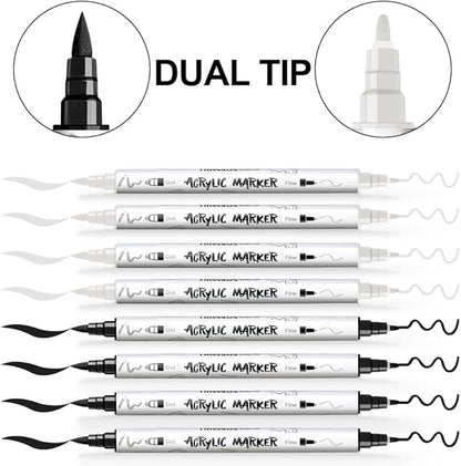 TRANSON 4 Black and 4 White Paint Markers Brush and Fine Dual-tip Acrylic Paint Marker Set for Rock Painting Glass Canvas Wood Leather Ceramic Painting