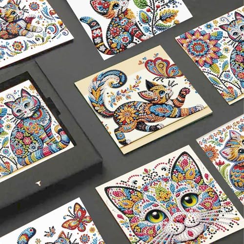JISHSHAY 6 PCS Cat Diamond Painting Greeting Cards Cat Diamond Art Birthday Cards with Envelopes Gem Art Gem Painting Mosaic Kits for Adults for Thanksgiving Birthday Anniversary Valentine Festival - Image 4