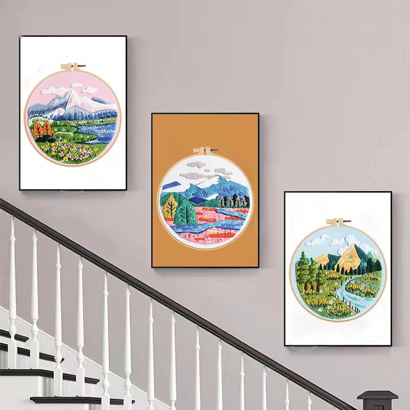 Konrisa 3 Pcs Landscape Embroidery Kits, Mountain Flower Village Pattern Cross Stitch Kit, DIY Sewing Practice Kits for Adults Home Decoration,Include Embroidery Cloth Threads and Needles,1pc Hoops - Image 3