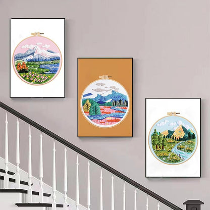 Konrisa 3 Pcs Landscape Embroidery Kits, Mountain Flower Village Pattern Cross Stitch Kit, DIY Sewing Practice Kits for Adults Home Decoration,Include Embroidery Cloth Threads and Needles,1pc Hoops - Image 3