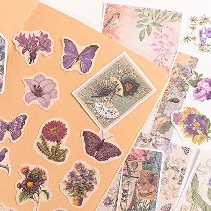 Alideco 200pcs Vintage Scrapbook Stickers Kawaii Purple Floral Scrapbooking Paper Washi Junk Journaling Supplies Collage Album Aesthetic Cottagecore Picture Frames(Butterfly) - Image 3