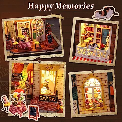 DIY Miniature House Kit, Coffee Shop Miniature Dollhouse Kit, Cafe 3D Wooden Puzzles with LED Music Dustproof Covers, Dollhouse Handmade Craft Model, Bookshelf Decor Birthday Gift for Adults - Image 5
