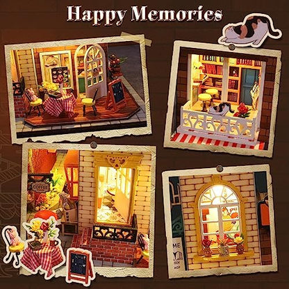 DIY Miniature House Kit, Coffee Shop Miniature Dollhouse Kit, Cafe 3D Wooden Puzzles with LED Music Dustproof Covers, Dollhouse Handmade Craft Model, Bookshelf Decor Birthday Gift for Adults - Image 5