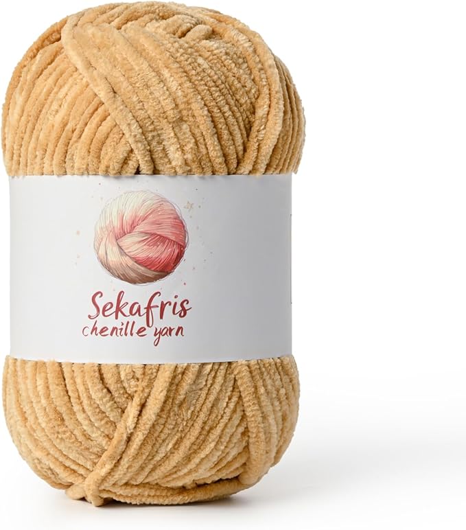 Khaki Chunky Chenille Yarn for Crocheting, Bulky Velvet Yarns for Crochet, Baby Yarn for Crocheting Soft Blanket, 131yds /3.53 oz Fluffy Amigurumi Crochet Yarn
