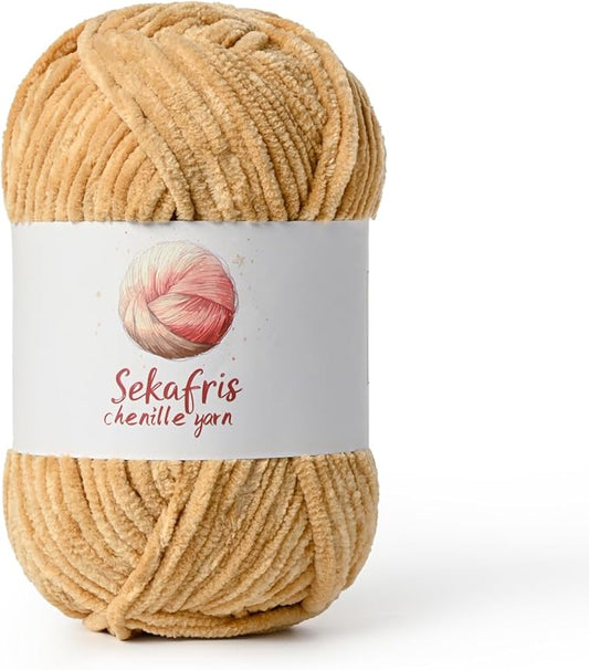 Khaki Chunky Chenille Yarn for Crocheting, Bulky Velvet Yarns for Crochet, Baby Yarn for Crocheting Soft Blanket, 131yds /3.53 oz Fluffy Amigurumi Crochet Yarn
