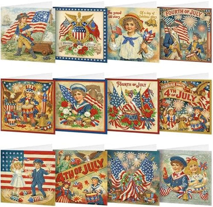 Saillong 12 Pack Vintage 4th of July Diamond Painting Greeting Card Kits Patriotic Diamond Art Cards with Envelopes Retro Red White Blue 5D Rhinestones Painting Making Kits for Adults DIY Craft Gifts by Saillong
