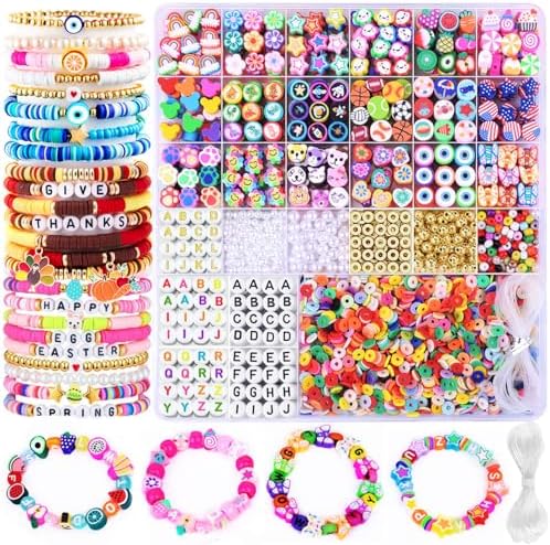 2880pcs Polymer Clay Beads Bracelet Making kit,Cute Fun Beads Sport Ball Fruit Flower Animal Cake Butterfly Heart Beads Charms for Jewelry Necklace Earring Making DIY Accessories for Children Girls by BBita
