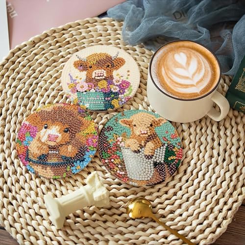 8 Pcs Highland Cow Diamond Art Coasters with Holder, DIY Diamond Painting Coasters Kits for Adults Beginners, Cow Diamond Art Coasters for Drinks, Non-Slip Heat Resistant Coasters Home Decor Gifts - Image 5