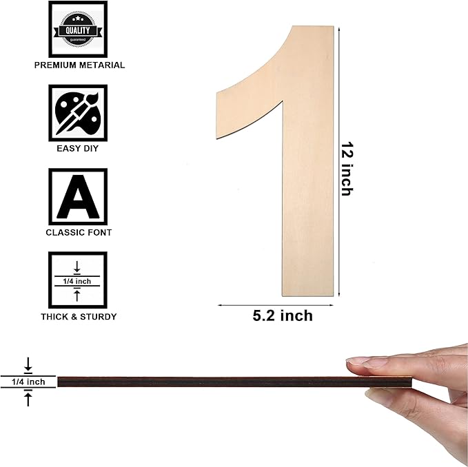 12 Inch Wooden Number 1, 1/4 Inch Thick Large Unfinished Wood Letter for DIY Crafts Home Wall Decor
