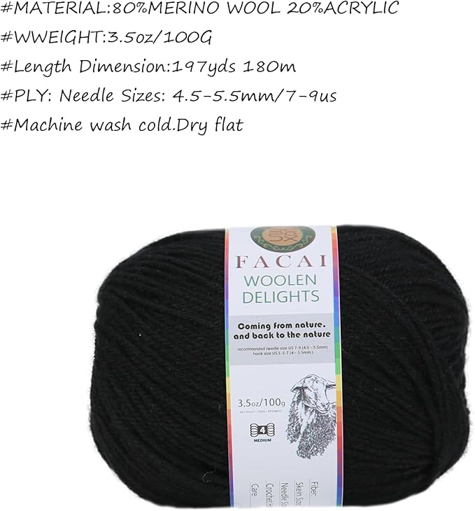 Facai Blend Merino Wool Yarn for Knitting - Worsted Weight,197yds (3.5oz) Ball, Ideal for Sweaters, Scarves, and Accessories (1, Black)