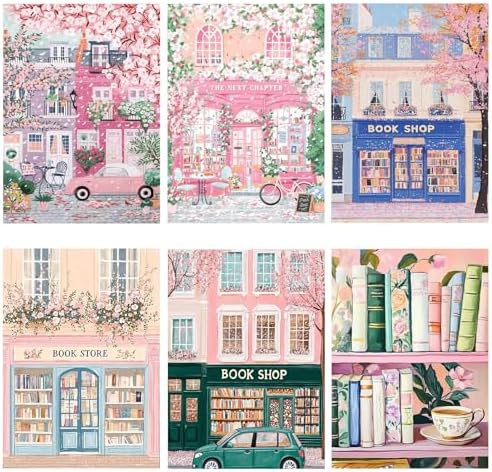 AOSGEDY 6 Packs Bookstore Paint by Numbers Kit for Adults Beginner, Pink Book Shop Adult Paint by Number Kits on Canvas, DIY Acrylic Oil Painting by Numbers for Home Wall Decor 10x14 Inch by AOSGEDY