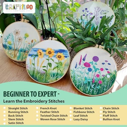 Embroidery Kit for Beginners Adults - 4 Floral Patterns, Learn 17 Stitches - Image 3