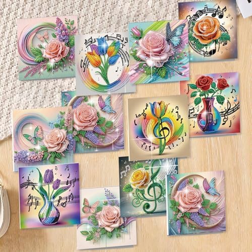 jinglinhh 12pcs Diamond Art Painting Romantic Rose Tulip Flower Bouquet Musical Notes Greeting Cards with Envelopes, DIY Card Making Kits for Adults, Diamond Art Postcards Christmas Cards Craft Gifts - Image 4