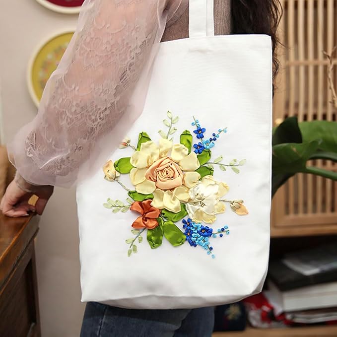 Canvas Tote Bag Silk Ribbon Embroidery Kit for Beginners, Arts DIY Crafts Starter kit, Include Stamped Bag Threads Hoop