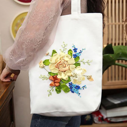 Canvas Tote Bag Silk Ribbon Embroidery Kit for Beginners, Arts DIY Crafts Starter kit, Include Stamped Bag Threads Hoop