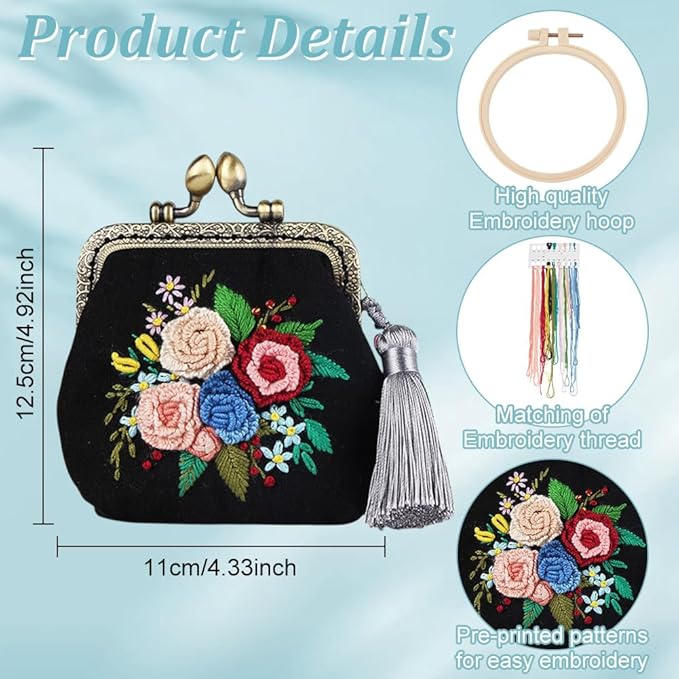 PLIGREAT DIY Flower Embroidery Coin Purse Kits for Beginners, Black Stamped Sewing Handbag with Kiss Clasp Lock Cute Flower Handmade Change Purse Kit with All Supplies for Adults Women DIY Making