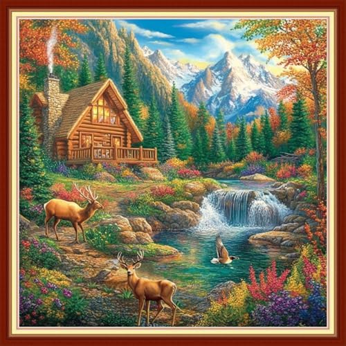 Joyhoor Cross Stitch Kits for Beginners Stamped Cross-Stitch Supplies Needlework preprint Embroidery Kits for Adults DIY Needlepoint Kits Embroidery Patterns 11CT-Forest Home 18x18 inchs by JoyhoorCrossStitchKits
