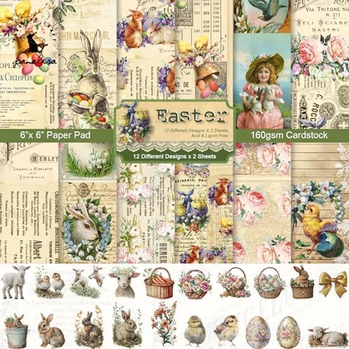24 Sheets Easter Pattern Paper Set, 6" x 6" Patterned Cardstock Paper with 40 Pcs Stickers Scrapbooking Supplies Paper Rabbit Carrot Easter Egg Origami Paper - 12 Styles by sorkwo