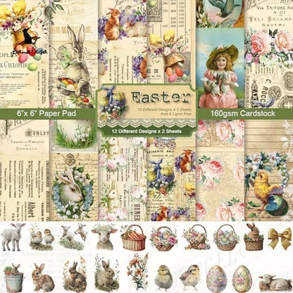 24 Sheets Easter Pattern Paper Set, 6" x 6" Patterned Cardstock Paper with 40 Pcs Stickers Scrapbooking Supplies Paper Rabbit Carrot Easter Egg Origami Paper - 12 Styles by sorkwo