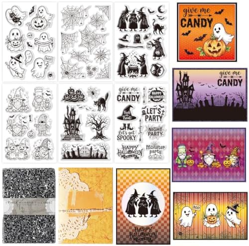 GLOBLELAND 6 Sheets Halloween Ghosts Witches Clear Stamps Set with 2 Style Scrapbook Papers for Card Making DIY Scrapbooking Photo Album Decor by GLOBLELAND