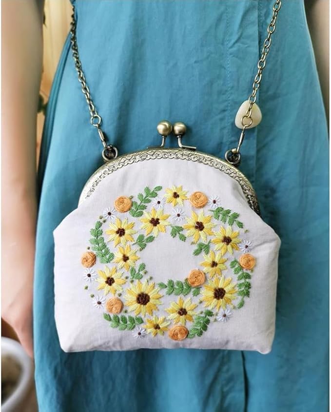 Eforcase Flower Embroidery Kit Tote Bag, Embroidery Coin Purse Kits Handbag Hand Embroidery Kit for Adults Beginner with Embroidery Patterns, Embroidery Hoop,DIY Sewing Kit