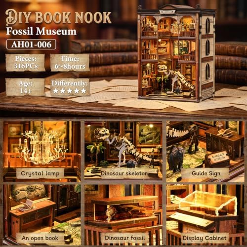 Book Nook Kits for Adults, 3D DIY Miniature Wooden Puzzle with LED Light, Adult Crafts Kits, House Bookshelf Decor, 316 Pieces Model Building Gift for Adults & Teens (Dinosaur Fossil Museum) - Image 5