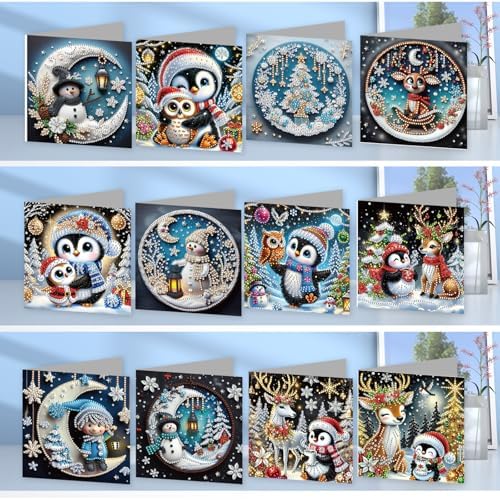 jinglinhh 12pcs Diamond Art Painting Christmas Moon Snowman Penguin Deer Greeting Cards with Envelopes, DIY Card Making Kits for Adults, Diamond Art Christmas Cards for Holiday Gifts - Image 5