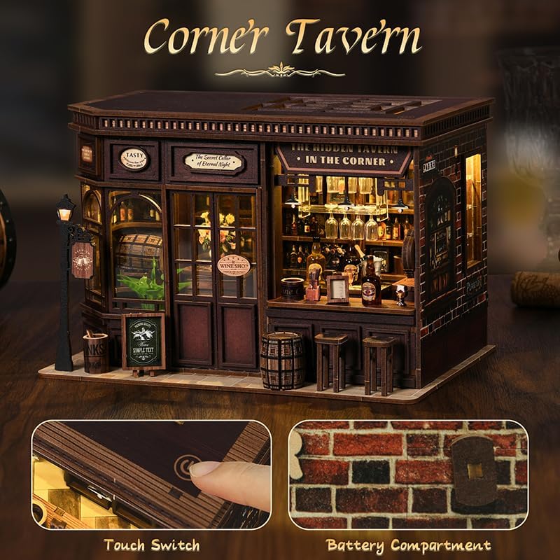 Corner Tavern Book Nook - DIY Book Nook Kit for Adults | Wooden Bookshelf 3D Book Nook Miniature Kit with LED Lights, Puzzle Decor for Book Lovers, 327 PCS, Cozy Bar Scene Decor - Image 4