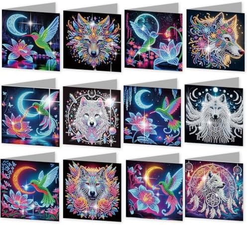 12 Pack 5D Diamond Painting Greeting Cards Kit with Envelopes, DIY Wolf Hummingbird Diamond Art Cards, Rhinestone Mosaic Christmas Birthday Thank You Holiday Cards for Adults by POETRYDRAW