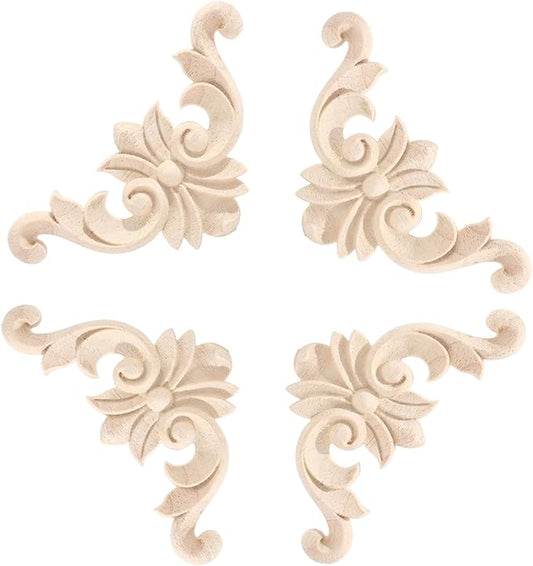 4PCS Corner Wooden Carving Decal Unpainted Wood Appliques Onlays DIY Wood Carved Furniture Appliques Onlays for Wall Bed Door Wardrobe Cabinet Furniture Decoration(01,4x4cm/1.57x1.57inch)