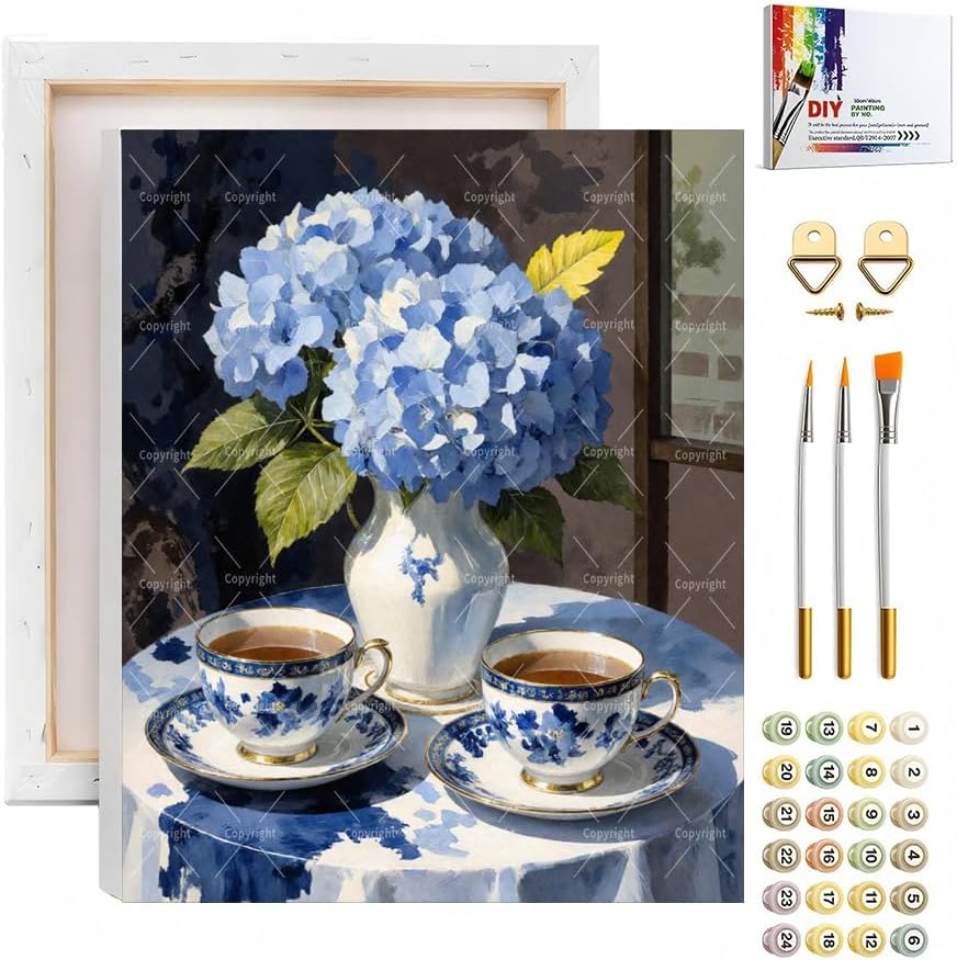 Floral Paint By Numbers Kit For Adults - Diy Blue Hydrangea Tea Cups Painting On Canvas, Acrylic Paint Set, Suitable For Beginners, Wall Art Decor Art For Home Decoration Or Gifts(16X20IN framed) by Unknown