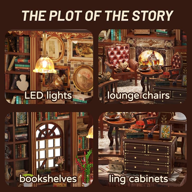 Left Bank Study Book Nook - DIY Book Nook Kit for Adults | Wooden Bookshelf 3D Book Nook Miniature Kit with LED Lights, Puzzle Decor for Book Lovers, 248 PCS, Bookshelf Insert Decor - Image 7
