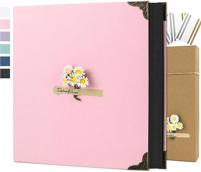 Scrapbook Album 12" x 12" DIY Scrapbook Photo Album Hardcover Kraft Paper 3 Rings Memory Book for Wedding, Anniversary, Travel, Family, Pink