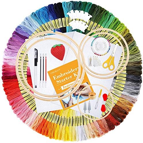INSCRAFT 304 Pack Embroidery Kit, 200 Colors Threads, 5 Pcs Bamboo Embroidery Hoops, 2 Pcs Aida Cloth, Instructions, Bag and Cross Stitch Tools Set, Hand Embroidery Starter Kit for Beginners Adults by INSCRAFT