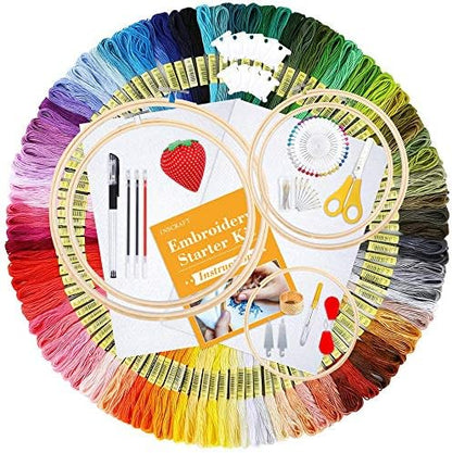 INSCRAFT 304 Pack Embroidery Kit, 200 Colors Threads, 5 Pcs Bamboo Embroidery Hoops, 2 Pcs Aida Cloth, Instructions, Bag and Cross Stitch Tools Set, Hand Embroidery Starter Kit for Beginners Adults by INSCRAFT