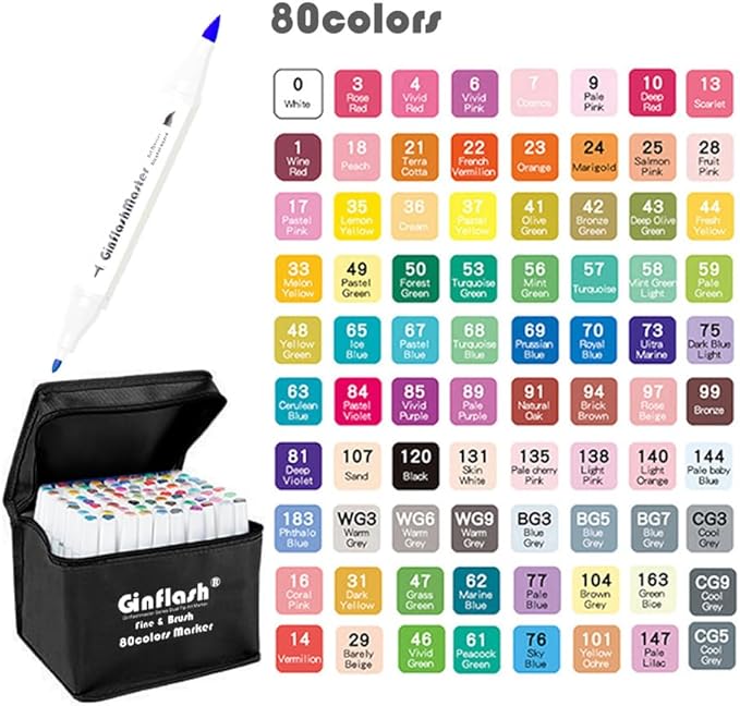 Ginflash Brush & Fine Tip Art Markers Pen Sketch Alcohol Based Markers Dual Tipped Manga Drawing Coloring Marker Art Supplies (80)